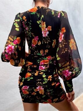 Runaway The Label Black Size XS Sheer Sleeves Floral Mini Dress Graduation Event